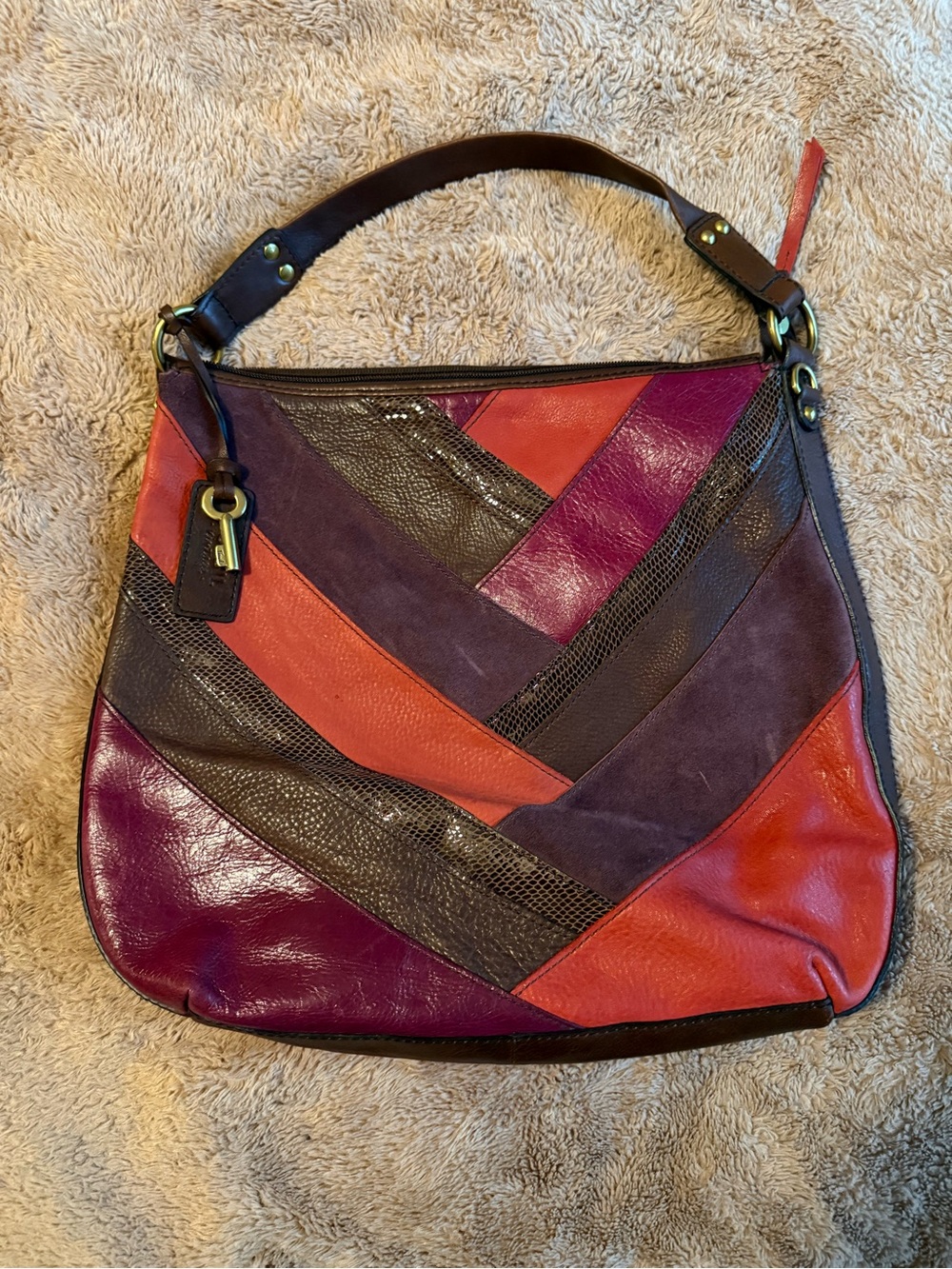 Fossil Vintage Patchwork Leather Shoulder Bag in Purple, Red, Brown